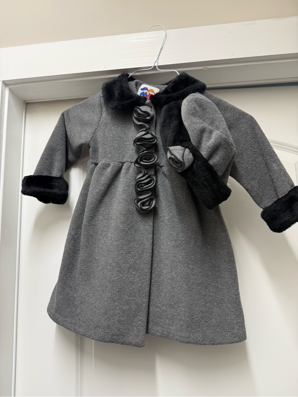 Girls' Gray Pea Coat with Black Faux-Fur Trim + hat with fur trim